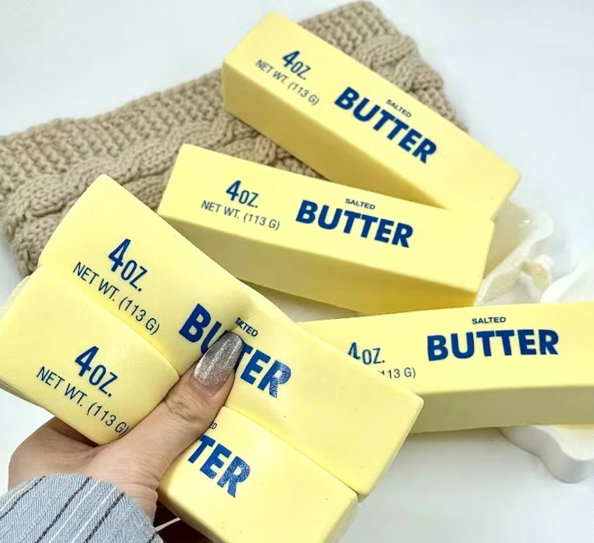 Set of Two Slow Rebound Simulated Butter Stick Squeeze Toys, Made of Soft Plush And Non-Toxic Materials, Ideal for Desk Decoration